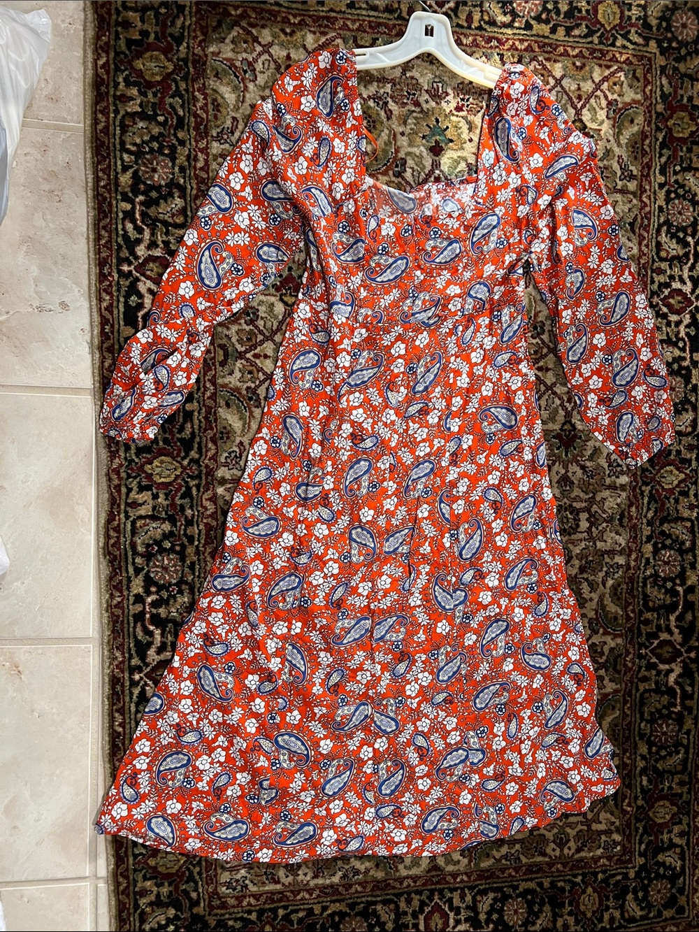 Paisley Print Orange Long-Sleeve A-Line Dress Size Medium New